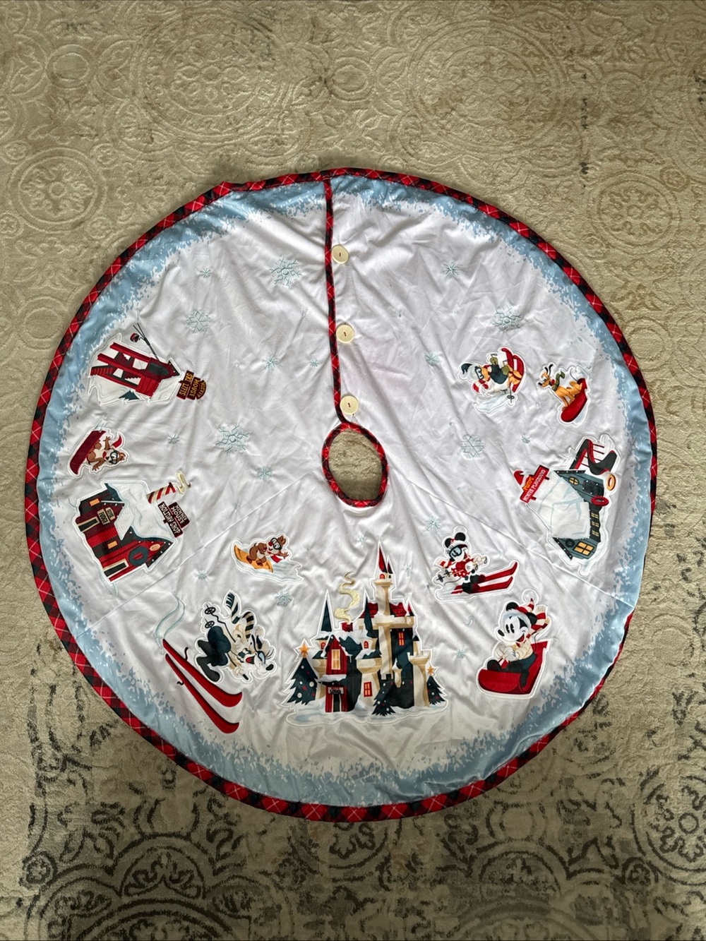 Disney Holiday Castle Tree Skirt in White, Red, Blue and Black